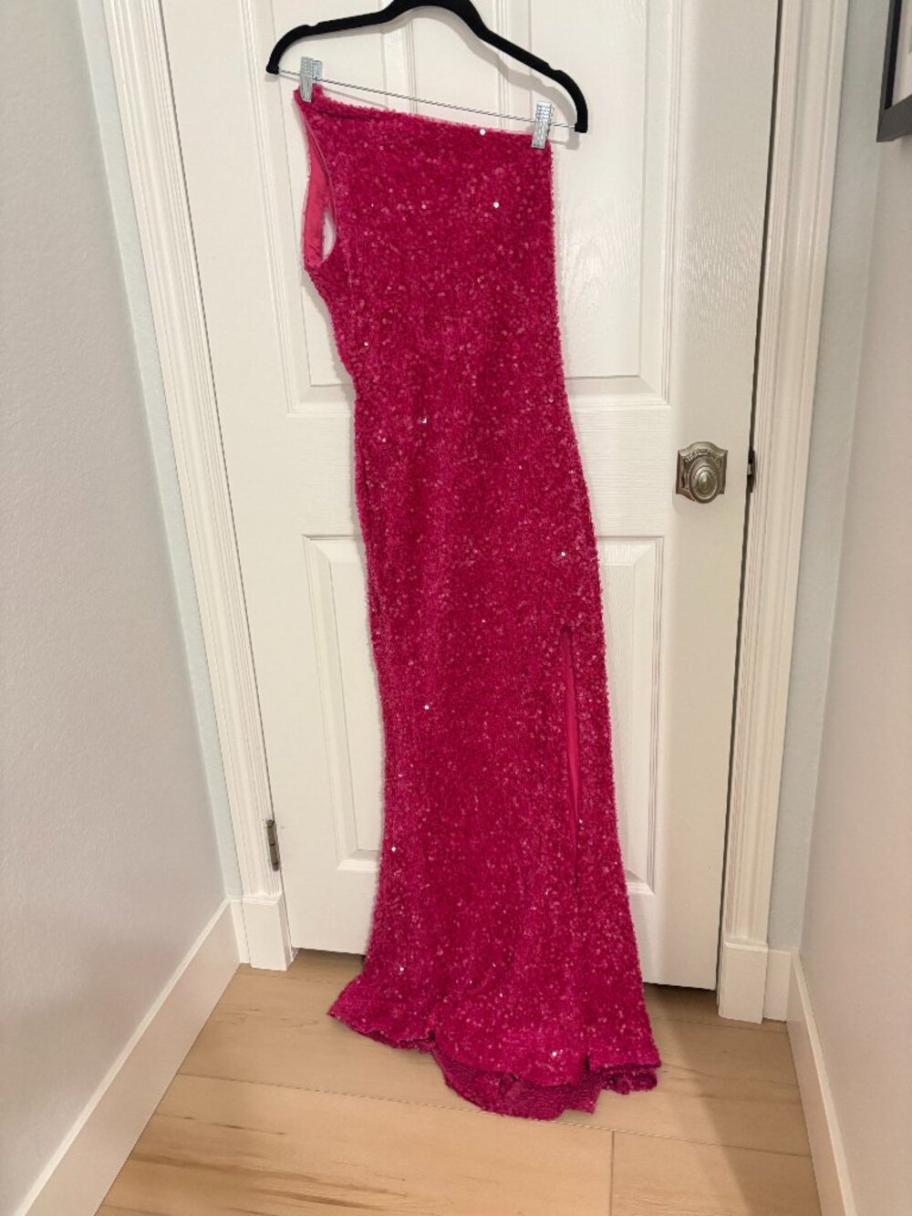 Hot Pink Sequin One-Shoulder Prom Dress Gown with Slit - Worn Once